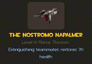 Nostromo Napalmer pyro flamethrower description featuring the bonus health restored upon extinguishing a teammate