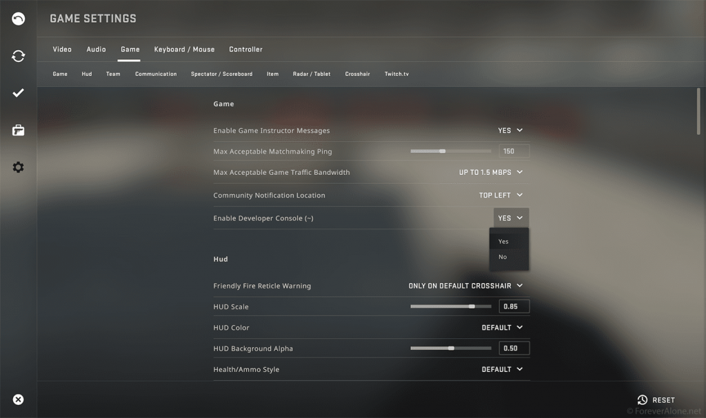 CSGO settings menu showing where you can enable the developer console